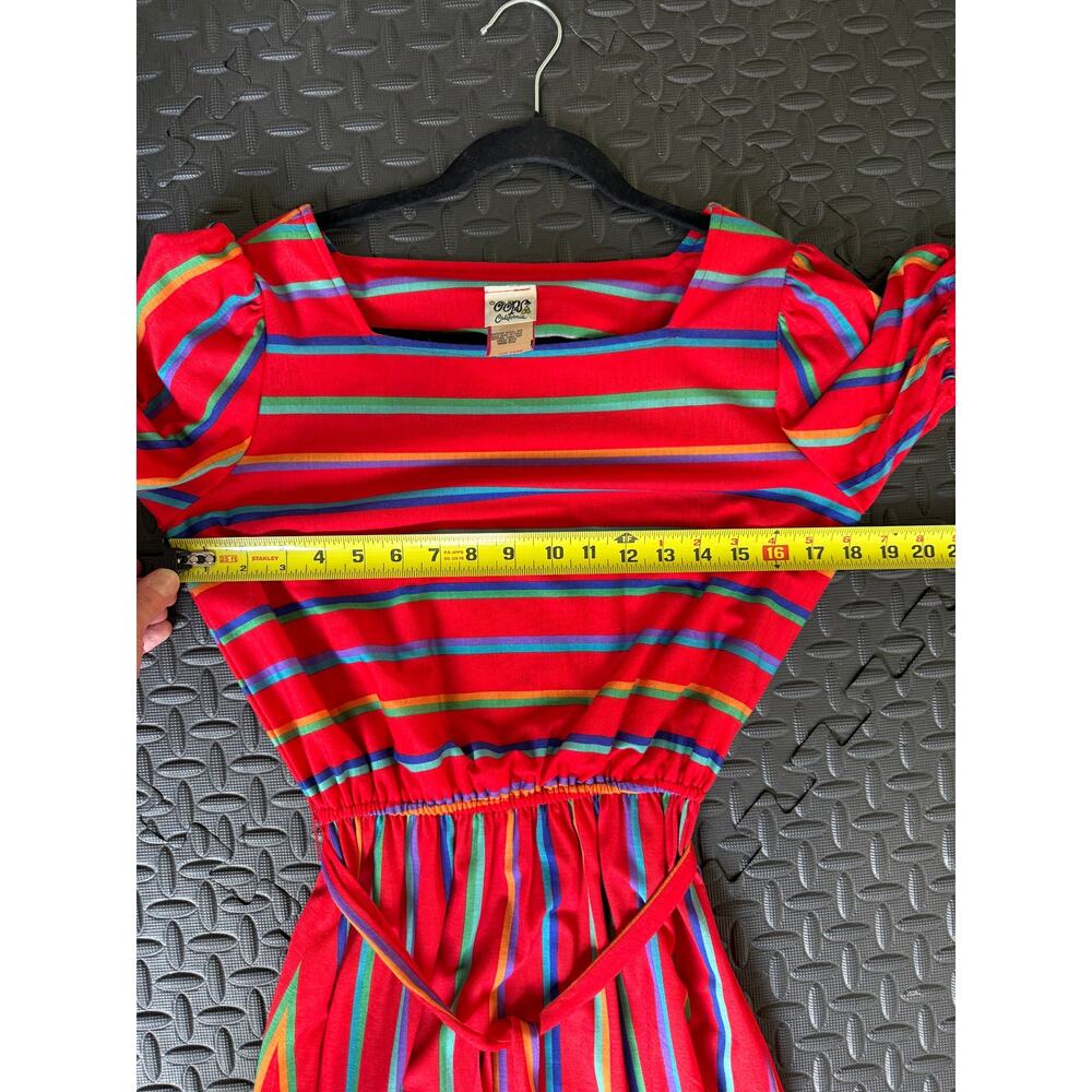 Vintage 80s Striped Belted Red Midi Dress Size 11/12 - Picture 5 of 7